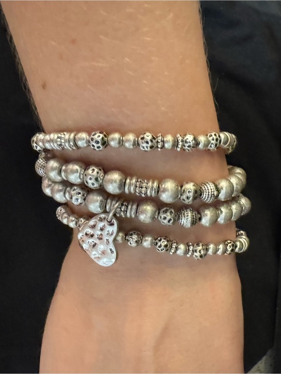Jewelry - Sterling-Tone Silver Beaded Heart Charm Wrap Bracelet